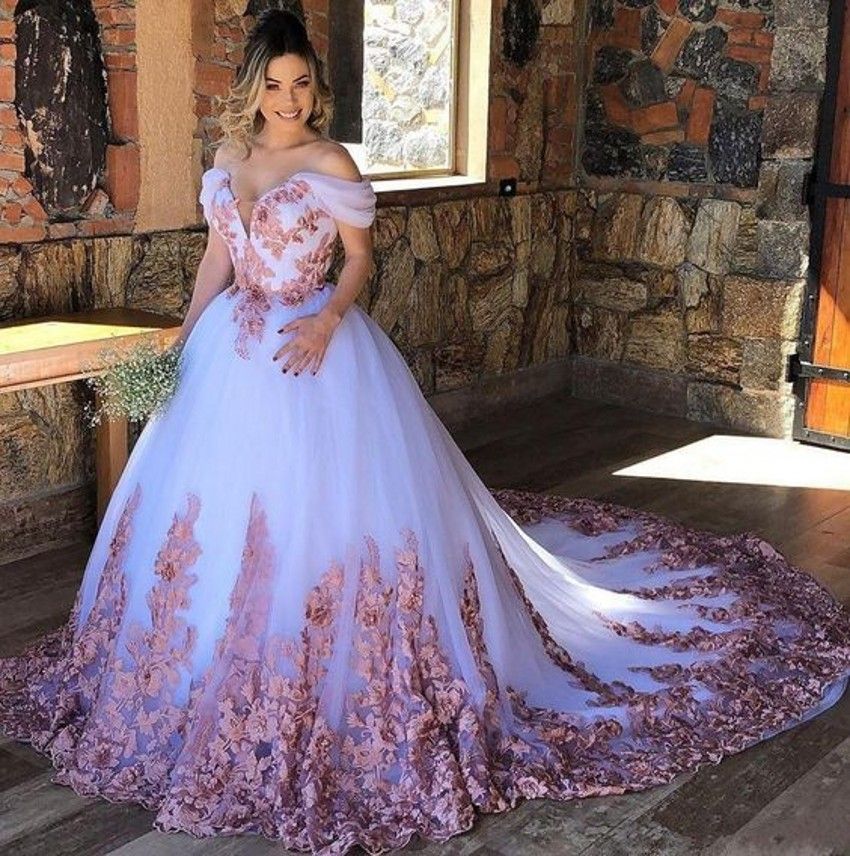 Compre Única Del Multicolor Polvoriento Blanco Se Levantó Tul Vestidos  Baratos De Novia De Encaje Del Hombro Con Las Mangas Vestidos De Boda De Novia  Vestido De Novia A 112,93 € Del