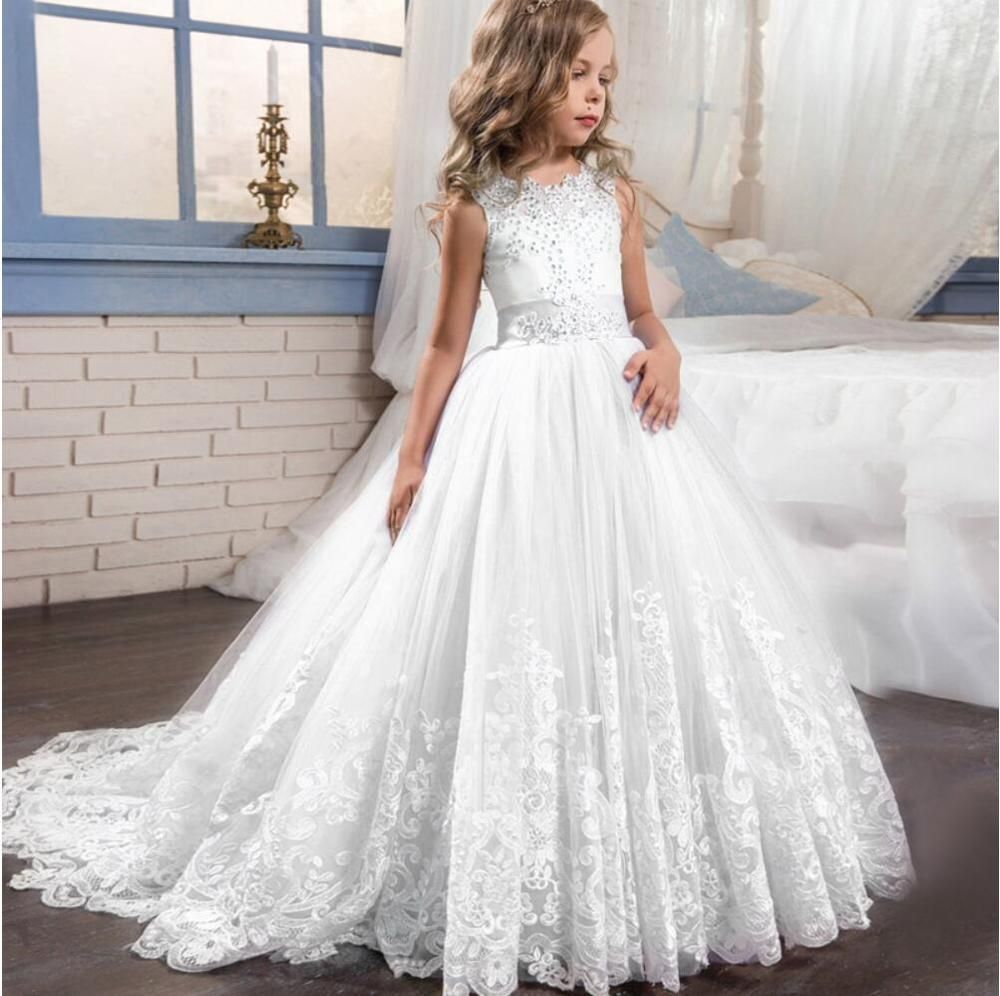 Chica Princesa vestido punta boda fiesta vestido niña que lleve las flores vestidos de blanco