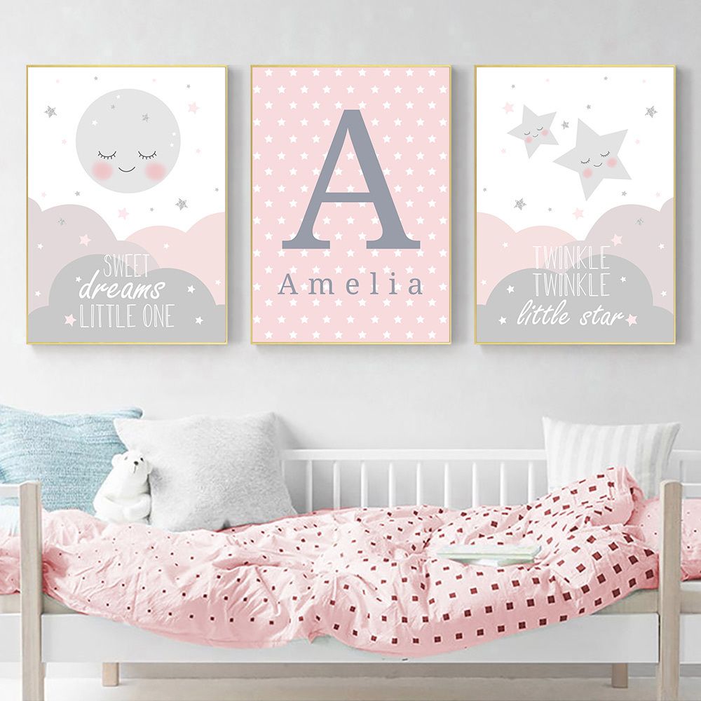 Acheter Pas Cher Nuage Etoile Lune Affiches Et Copies Nom Affiche Faite Sur Commande Peinture Nursery Wall Art Print Pink Wall Photos Chambre Bebe Fille Decor Du 3 16 Fr Dhgate