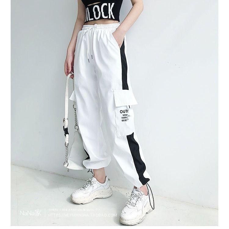 2021 Women Fashion Streetwear Cargo Pants Black Ankle Length Elastic ...