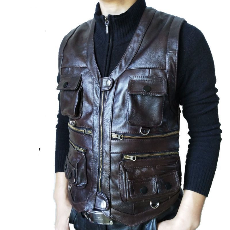 Best Quality Cowhide Genuine Leather Vest Men Brown Waistcoat Male Jacket Thick Motorcycle Plus Size Multi Pocket Zipper At Cheap Price, Online Mens Vests | DHgate.Com