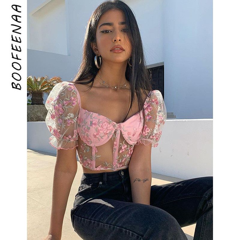 BOOFEENAA Floral Embroidery Pink Sheer Mesh Crop Top T Shirt Summer 2020 Vintage Sexy Tight Shirts for Women Club Wear C85-AB12 CX200622