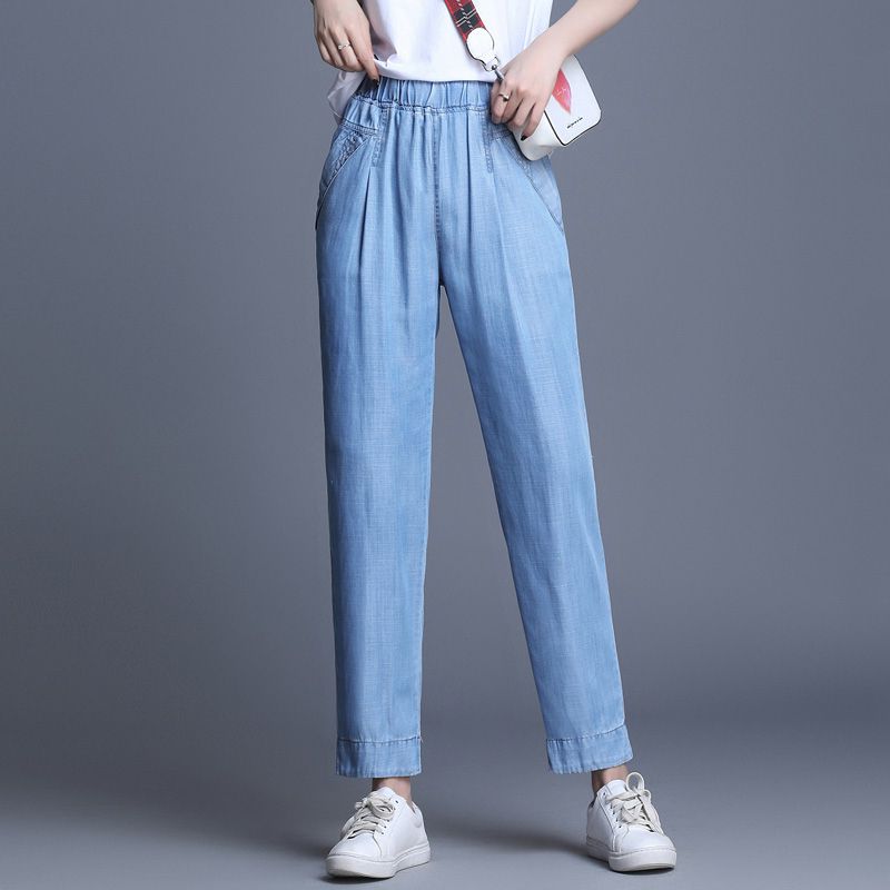 Compra 2020 Verano Fresco Jeans Elástico De Las Mujeres De Alta Cintura  Suelta Harem Jeans Mujer Azul Suave Libre Más El Tamaño De Los Pantalones  Vaqueros L 4XL CX200721 Barato | Entrega