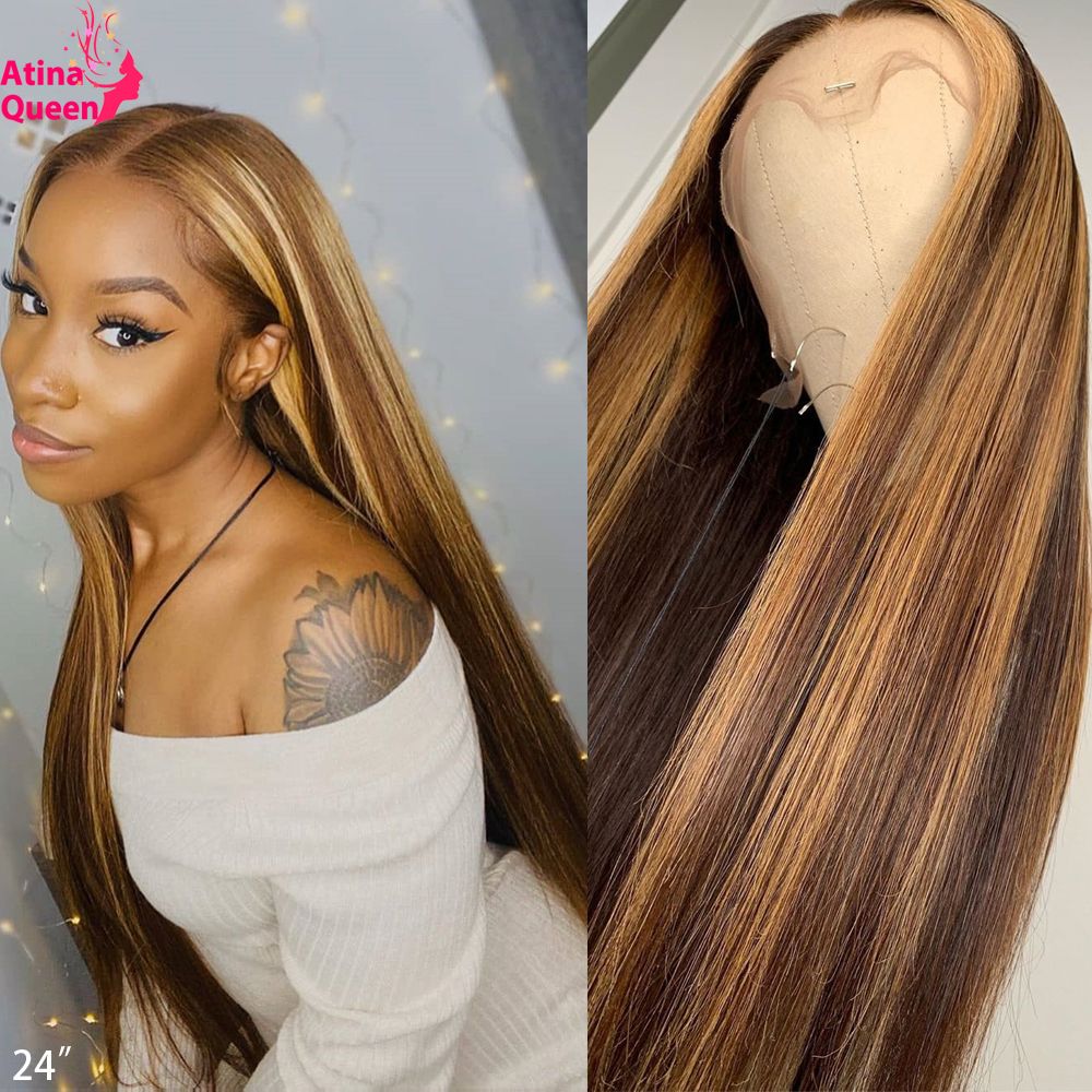 Ombre Honey Blonde Full Lace Human Hair Wigs 360 Lace Frontal Wig Highlight  Brown 13X6 Front