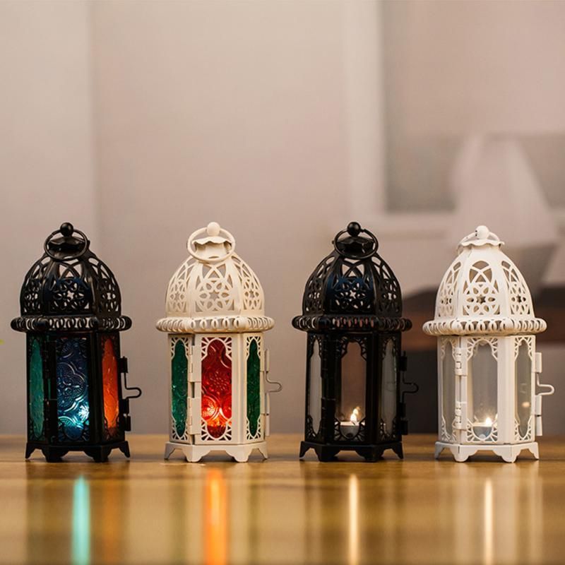 OurLeeme Retro clásico del sostenedor de Vela de Marruecos a Prueba de Viento del Hierro y el Cristal Coloreado Candelero Linterna Negro