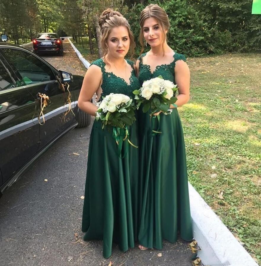 Verde Oscuro País de dama de honor vestidos de encaje apliques más el  tamaño Criada de los vestidos de raso una línea de longitud de huésped de  la boda vestido B123