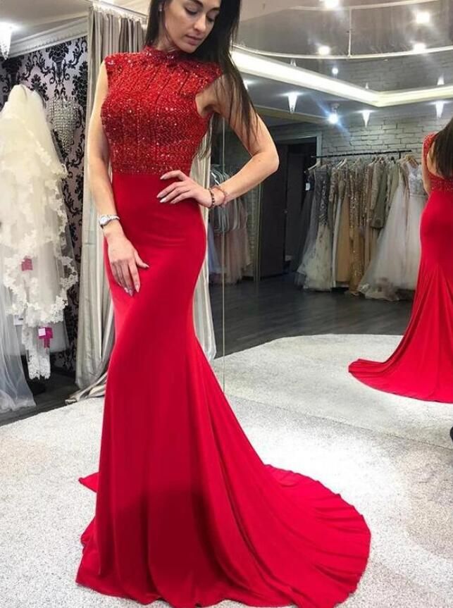 Cuentas De La Vestido De Gala Rojo De Cuello Alto Cap Tops De Las Mujeres De Largo Vestido De Por De 177,2 € | DHgate