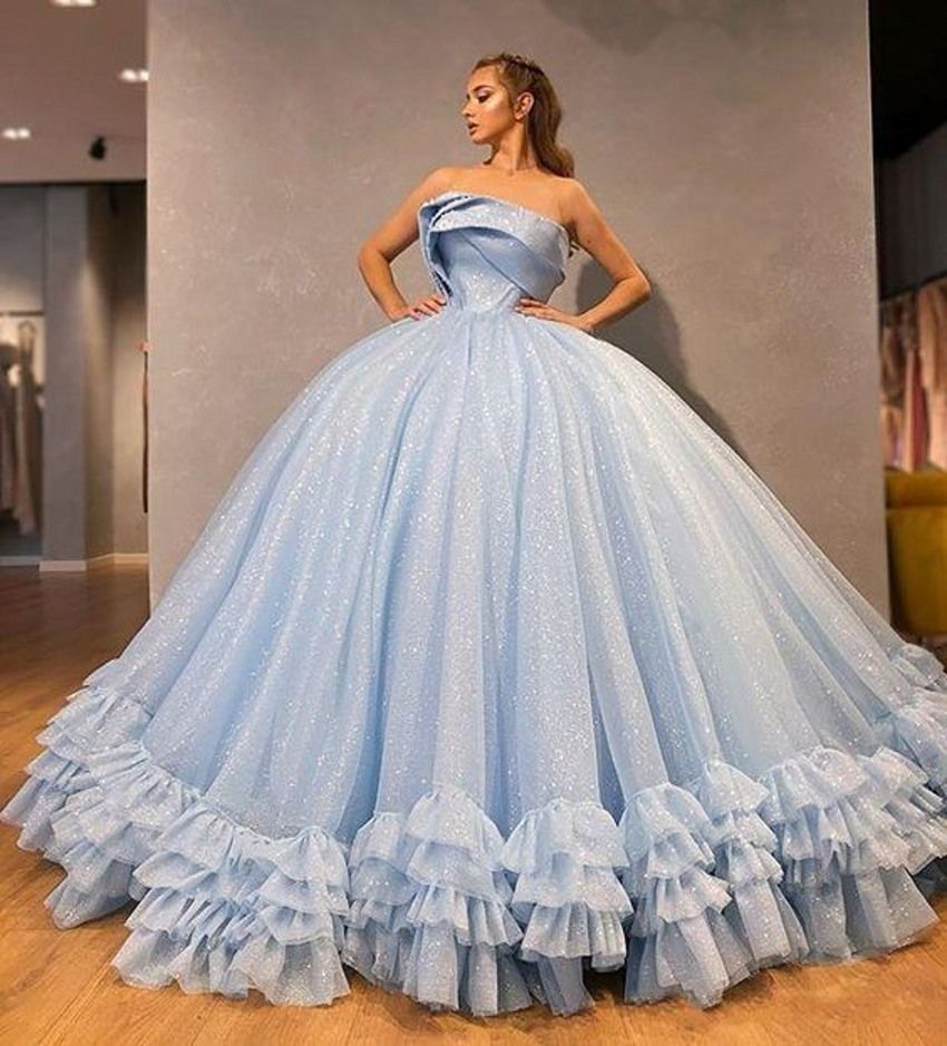 Cielo azul magnífico vestidos de noche de tul brillante bola vestido largo Prom vestidos sin espalda Cielo azul magnífico vestidos de noche de tul brillante bola vestido largo Prom vestidos sin espalda