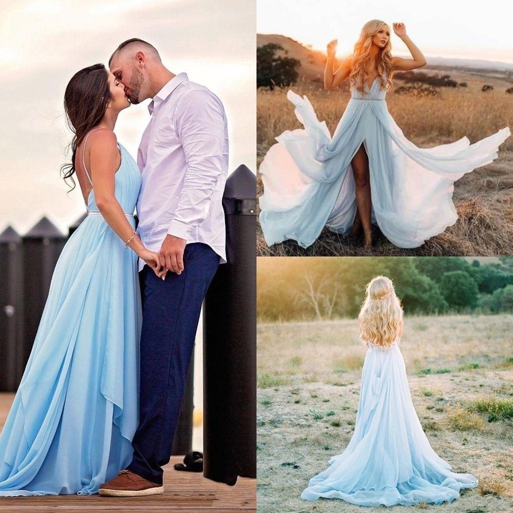 Ice Blue Chiffon Beach Wedding Dresses Long Train With