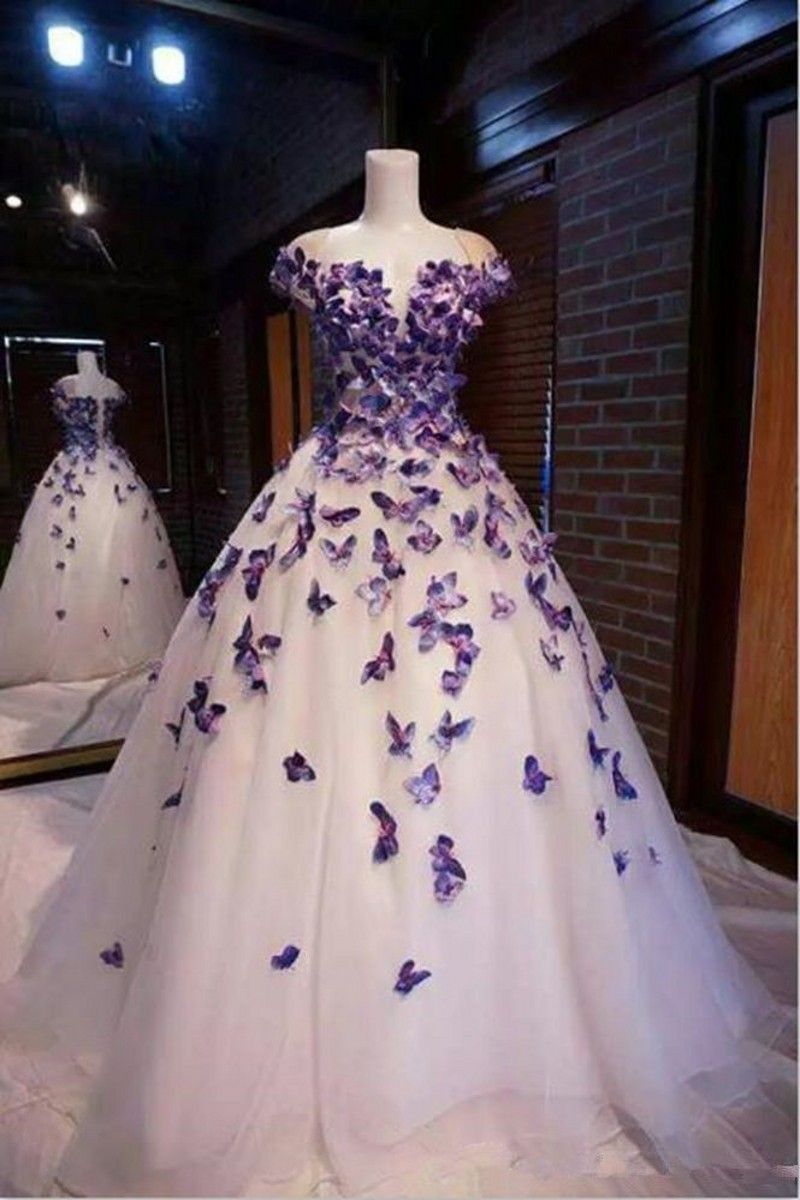 New Prom Dresses With Purple Butterfly Tulle A Line Off The Shoulder