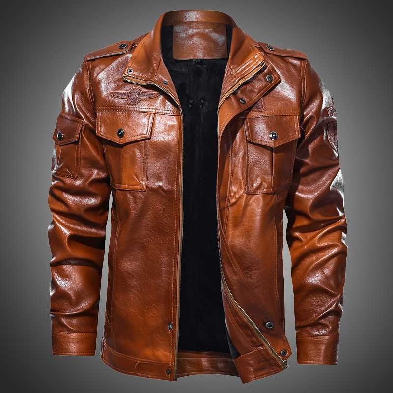 2020 New Fashion Mens Leather Jacket Chest Big Pockets Brown Leather ...