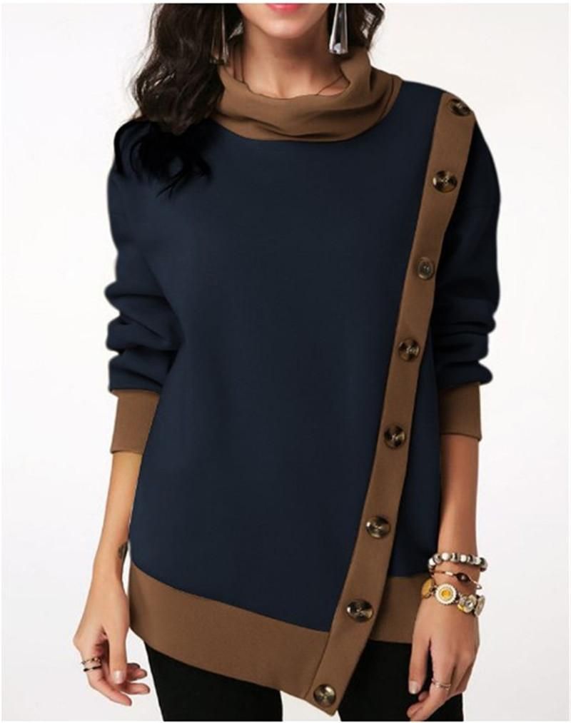 2020 Fashion Asymmetric Sweatshirts With Button Casual Solid Color Long