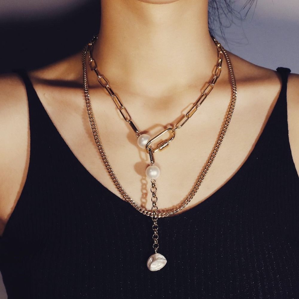 Wholesale Punk Multi Layer Chunky Thick Pearl Pendant Choker Necklace Women Vintage Metal Link