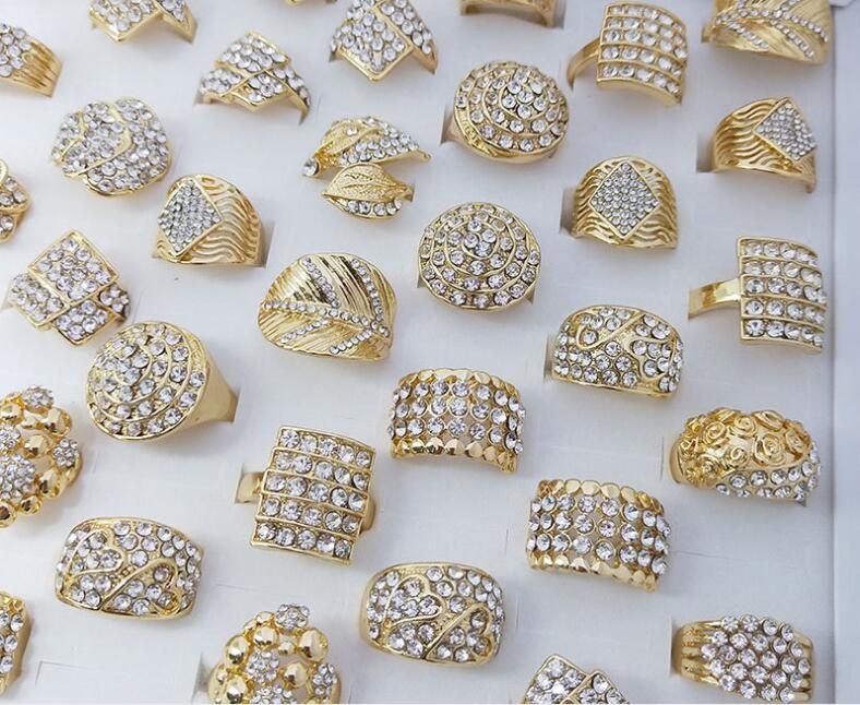30pcs Gold Style Alloy Rhinestone Rings Lots Mix Wholesale Jewelry 