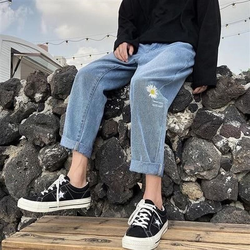 Wholesale Mens Jeans Men Flower Oversize 3xl Loose Stylish Ankle Length Casual Korean Style All Match Straight Chic Streetwear Mens Trousers By Deborahao Under 2 Dhgate Com