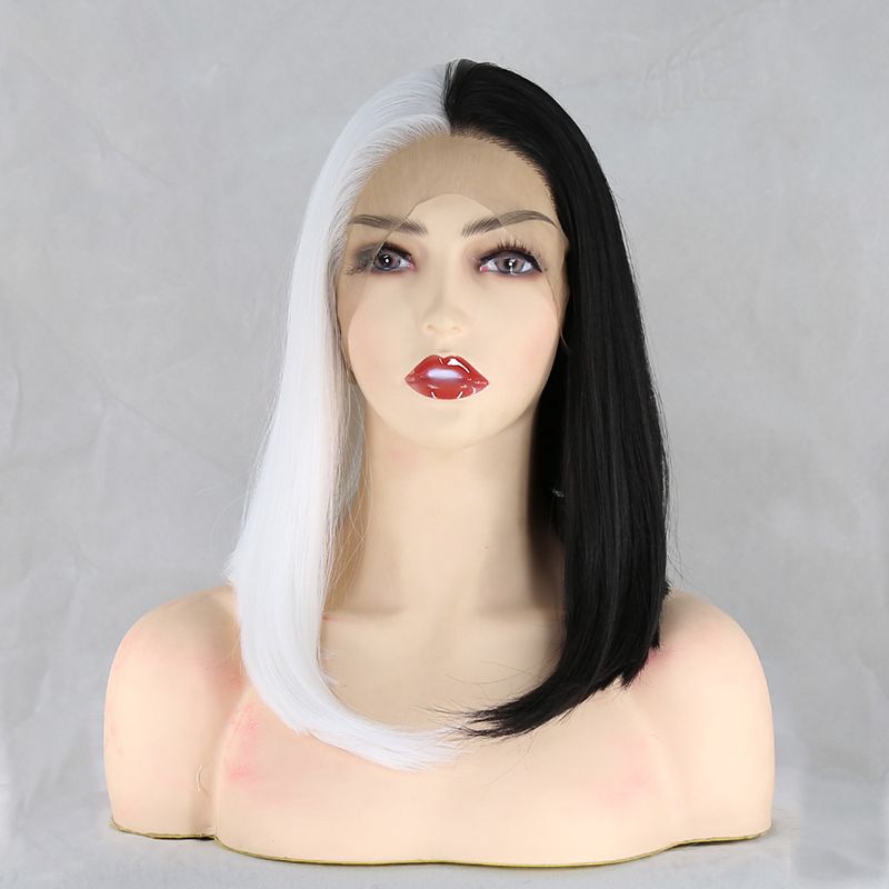 New Fashion Cosplay Party Wigs Half Black Half White Short Straight Hair Bob Wig Heat Resistant Synthetic Lace Front Wigs For Women From Angelhairwig 45 17 Dhgate Com