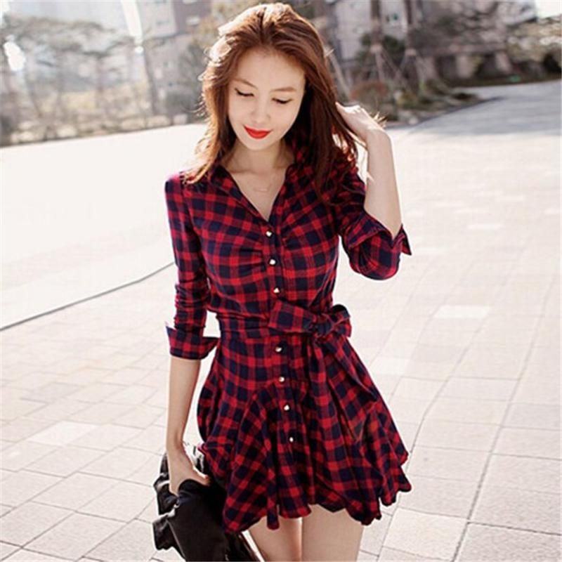 red plaid long sleeve dress