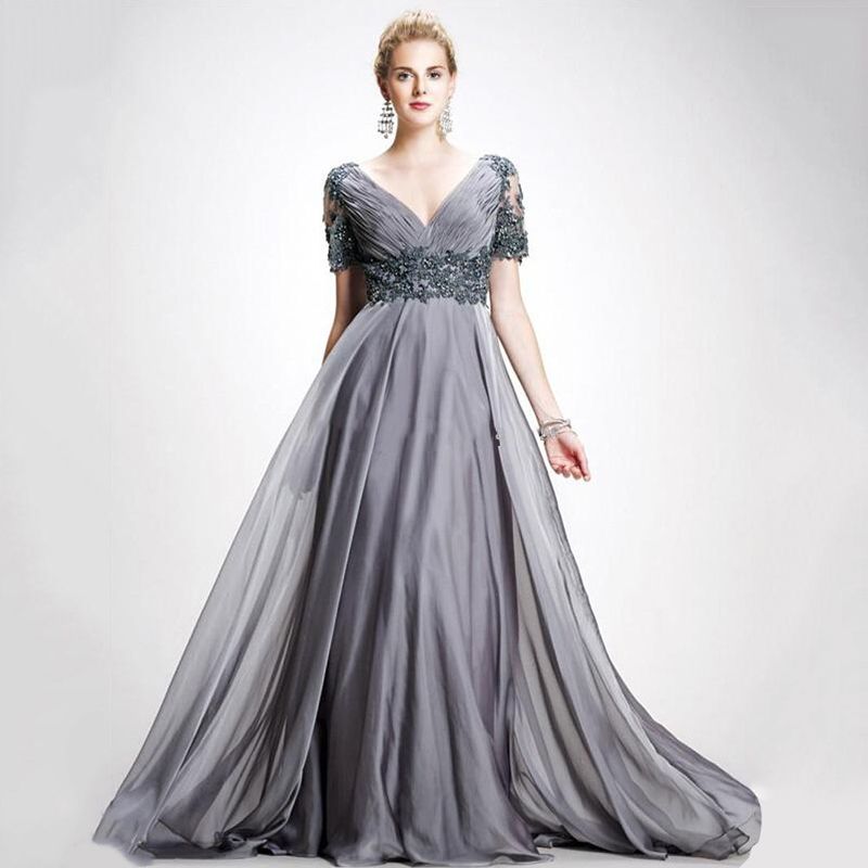 Short Sleeve Evening Dresses High Waist Deep V Neck Applique Beaded