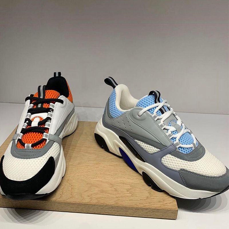 b22 sneaker in white and blue technical mesh and gray calfskin