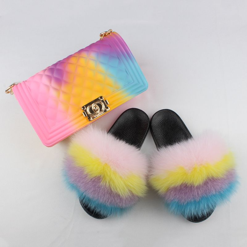 Jellyooy BEACHKINS PVC Matte Jelly Bag With Fox Fur Slippers Purse Bags Match Fur Slides Sandals Sets