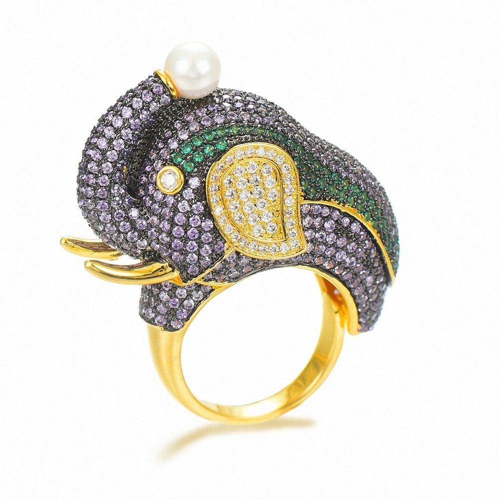 Elephant Gold Ring For Women Round Cut Lab Diamond In Eight Prong Vancaro