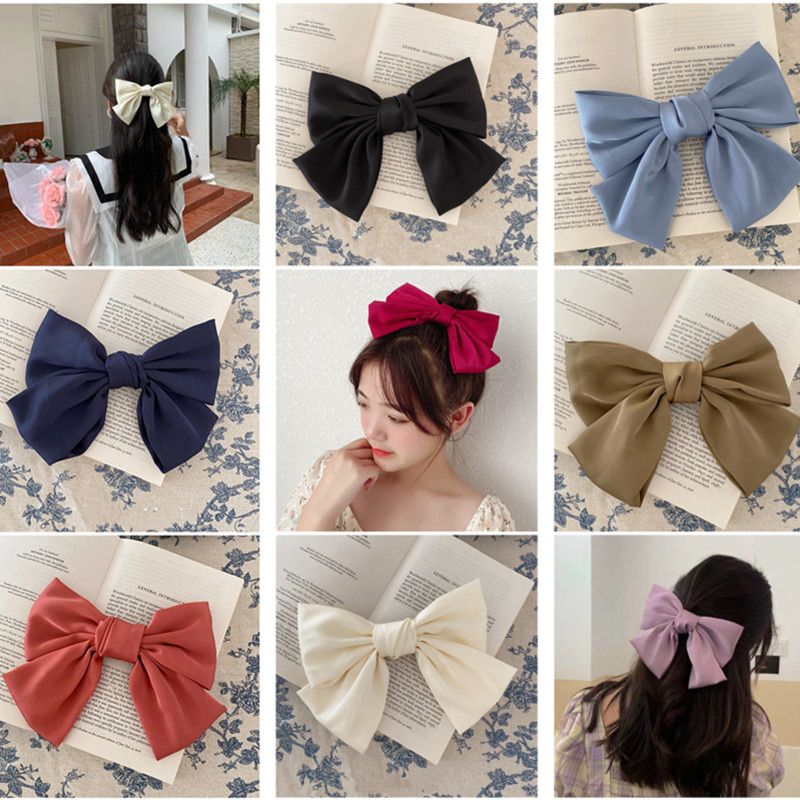 Hair Accessories 8pcs/lot Korean Big Ribbon Bow Satin Fabric Hairpin Two  Layers Automatic Clip Retro Tie Girls