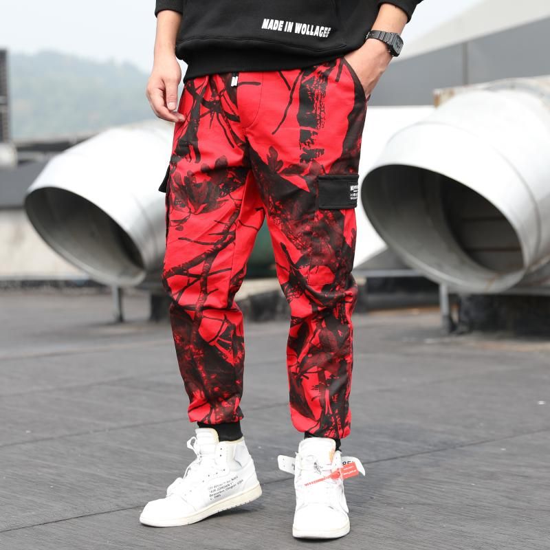 2020 Red Camouflage Pants Men Multi Pocket Hip Hop Cargo Trousers ...