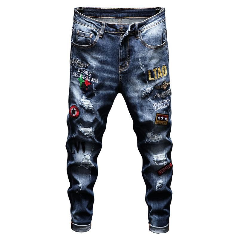 2020 Badge Hole Designer Elastic Patchwork Destroyed Straight Leg Embroidery Casual Jeans True Coral Drop Slim Mens Fashion Long Straight Denim From Sexybaby007, $43.97 | DHgate.Com