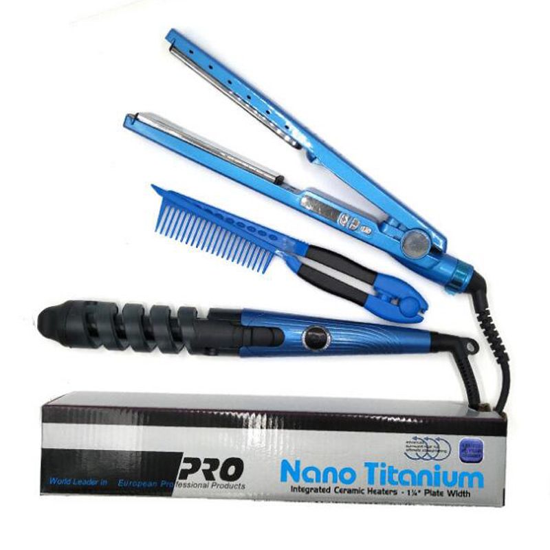 Compra Plancha De Pelo De Cerámica Titanium Nano Combo LED Calentador De  Pelo Rizado Temperatura De La Pantalla Del Rollo Peine Straightner  Herramientas 3 En 1 Kit De Herramientas Barato | Entrega