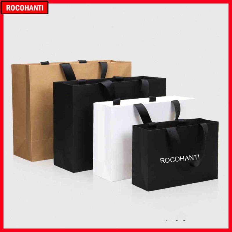 50X Custom Logo Paper Shopping Bag With Ribbon Handle For Clothing Gift ...