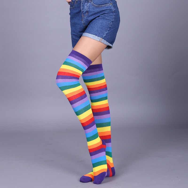Women Over Knee Socks Rainbow Striped High Thigh Long Stocking Sock New Fshion