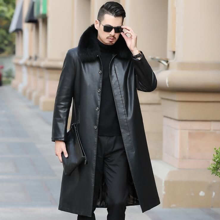 Mens leather trench coat with fur collar Clearance
