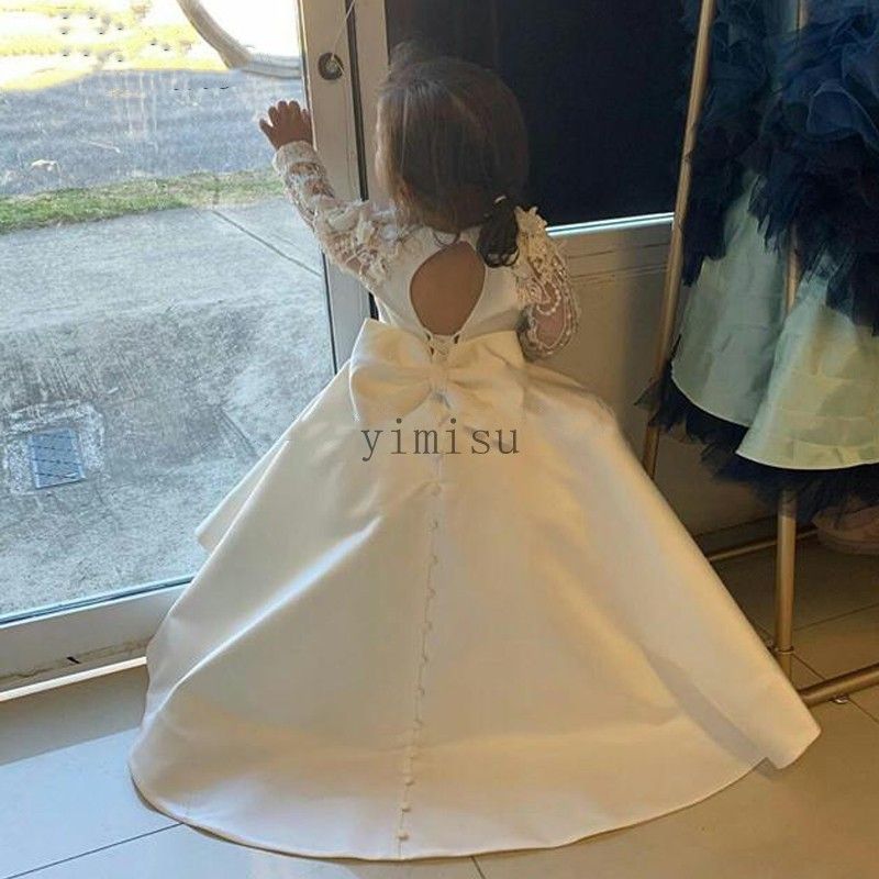 Blancos vestidos de niña de manga larga de la boda de la joya aplicaciones florales 3D Blancos vestidos de niña de manga larga de la boda de la joya aplicaciones florales 3D