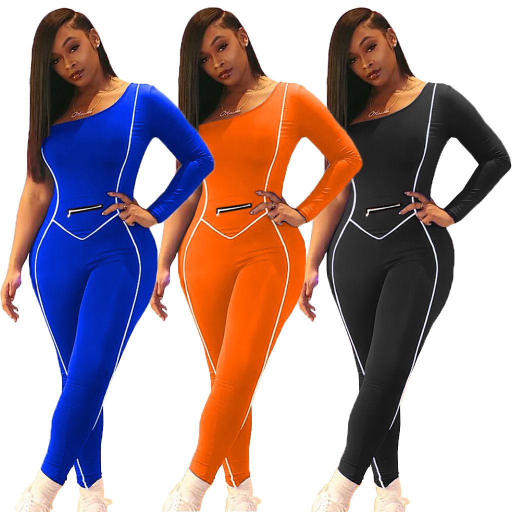 Designer Women Jumpsuit Slim Sports One Shoulder Striped Splicing