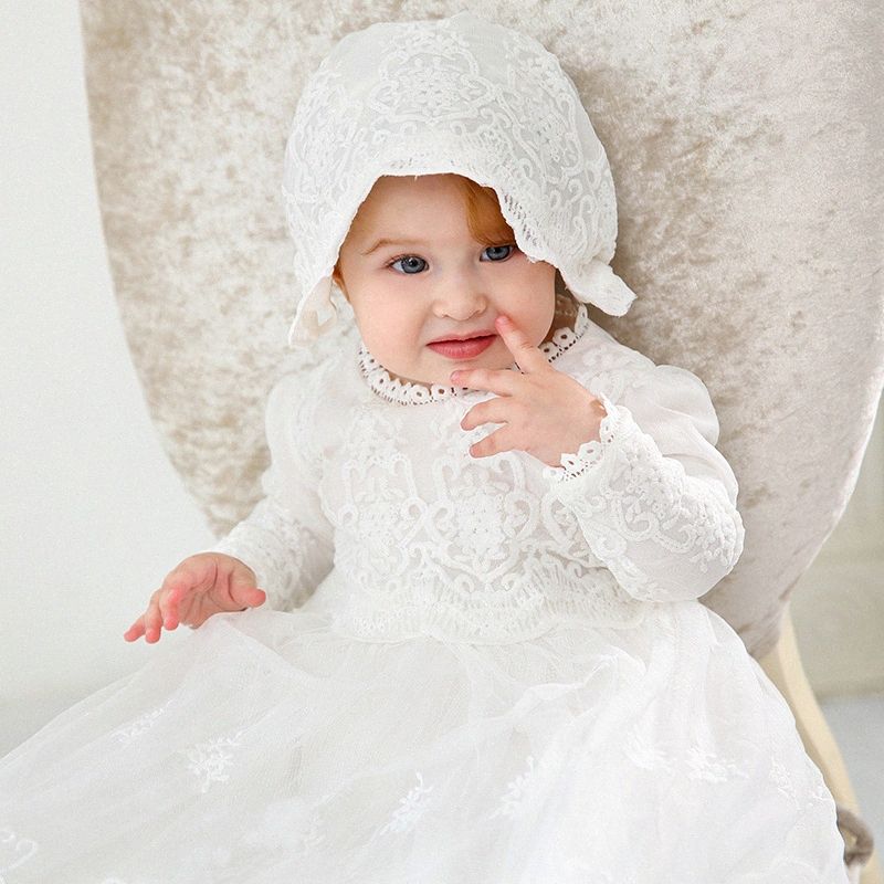 Recién nacido vestido bautizo para la niña de manga larga del bautismo del bebé Vestidos 3 6 12 18 24 Meses partido de los vestidos de boda de la muchacha y LHmH #