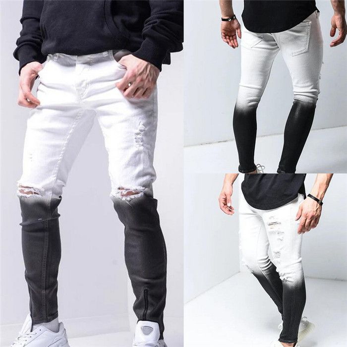 2020 Mens Gradient Color Ripped Jeans Casual Skinny Hole Pencil Pants ...