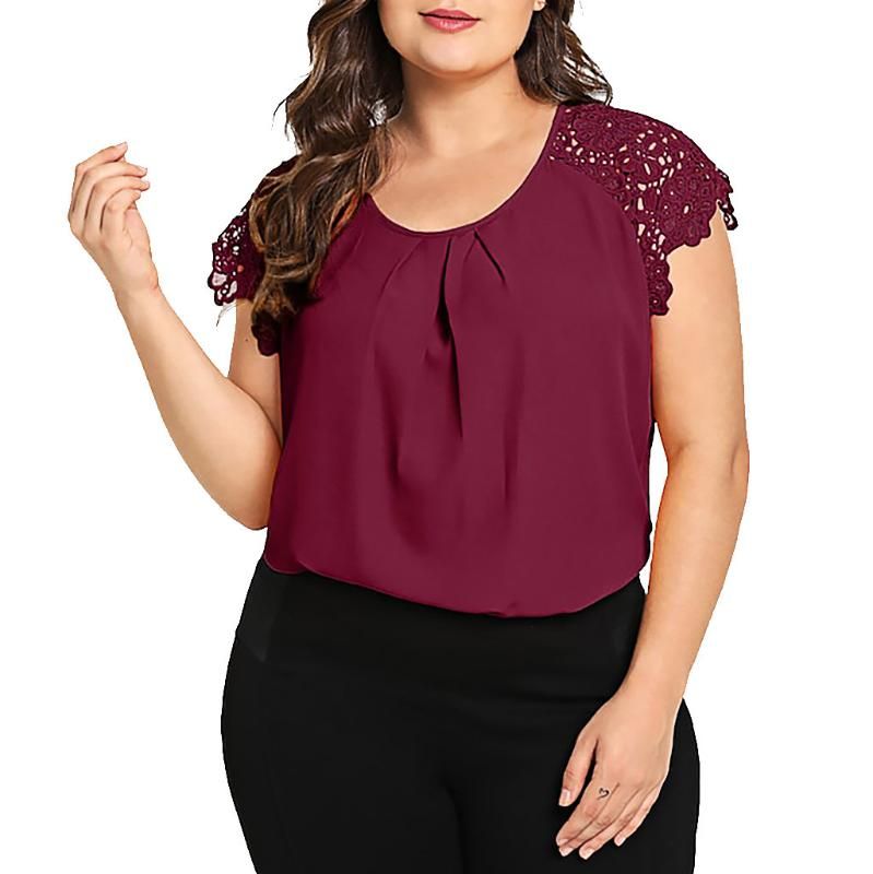 Moda 0-cuello Mujer Manga Corta Camiseta Encaje Sólido Moda 0-cuello Mujer Manga Corta Camiseta Encaje Sólido