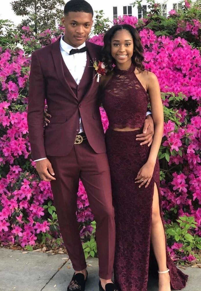Burgundy Prom Suits For Men Peaked 