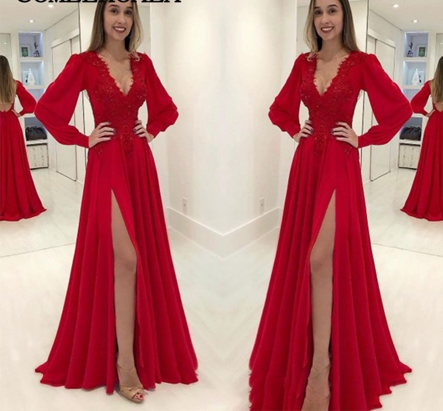 Compre Vestidos Largo Elegante Rojo De La Manga Vestido De Fiesta Más El  Tamaño De Apliques De Perlas Abiertos Atractivos Detrás Del Partido De  Tarde Formal De Las Mujeres De Split A