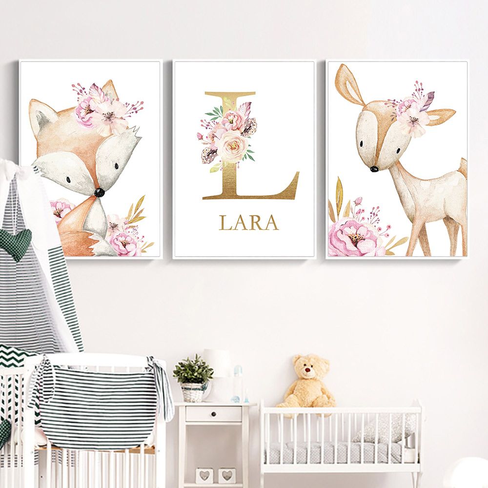 2020 Woodland Animal Print Nursery Canvas Painting Custom Name Wall Art Pink Flowers Poster Nordic Wall Pictures Girl Baby Room Decor From Zhu793737893 8 26 Dhgate Com