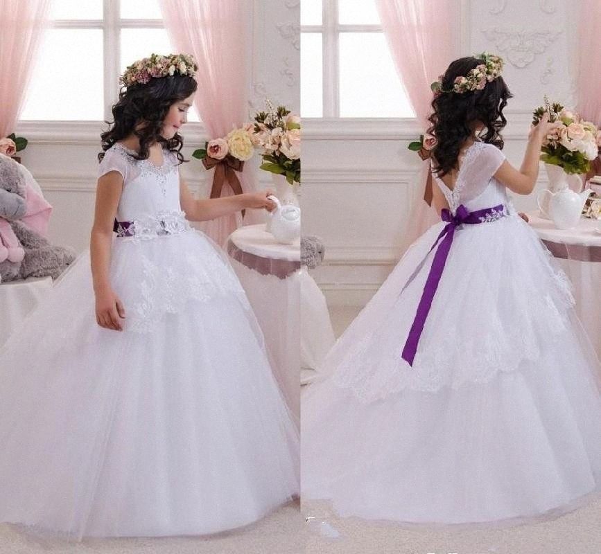 flower girl dresses with purple sash