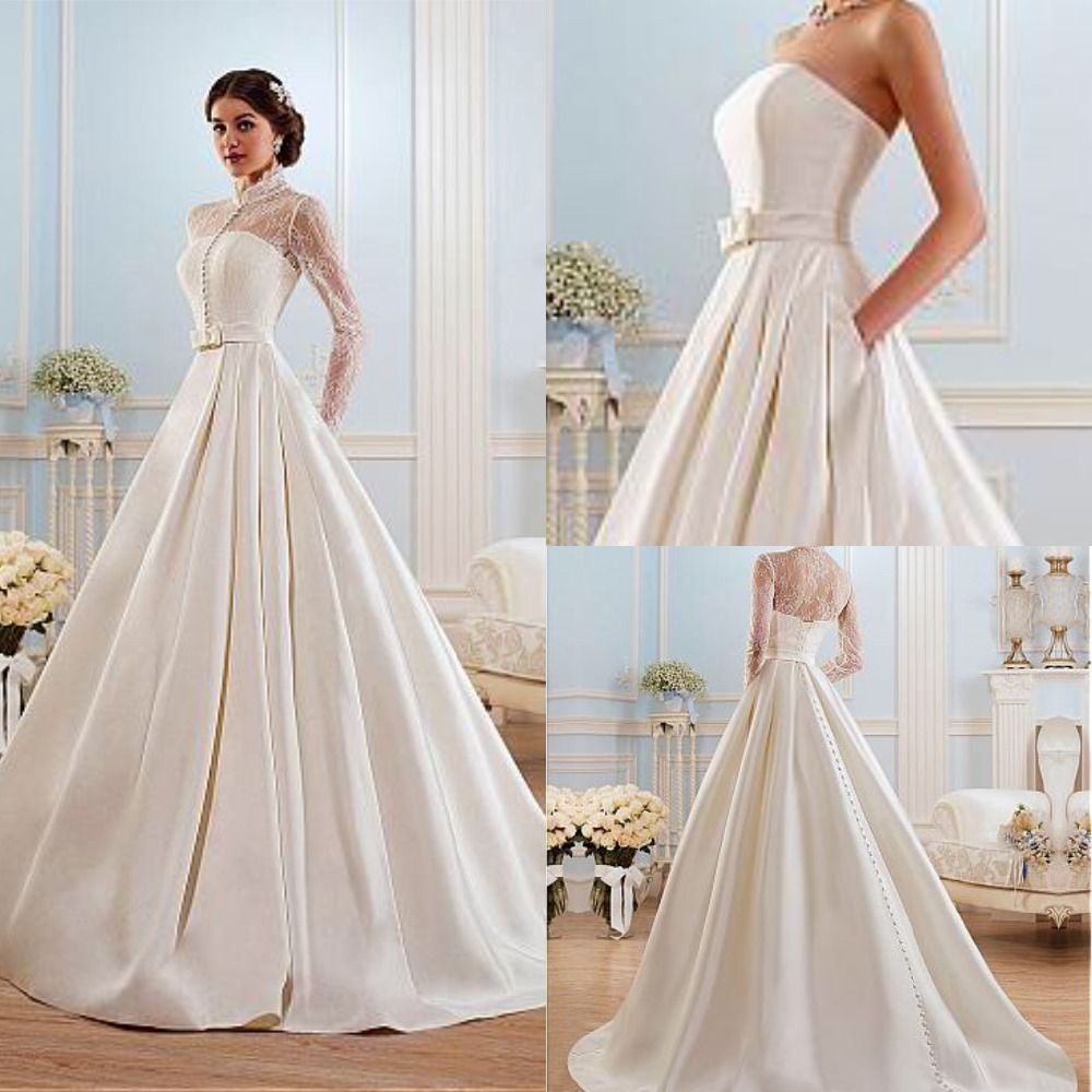 Compra Glamorous Satén Cuello Alto Escote Una Línea De Vestido De Novia De  Ver A Través De Corte De Manga Larga De Tren Vestidos De Novia Vestido De  Noiva Barato | Entrega