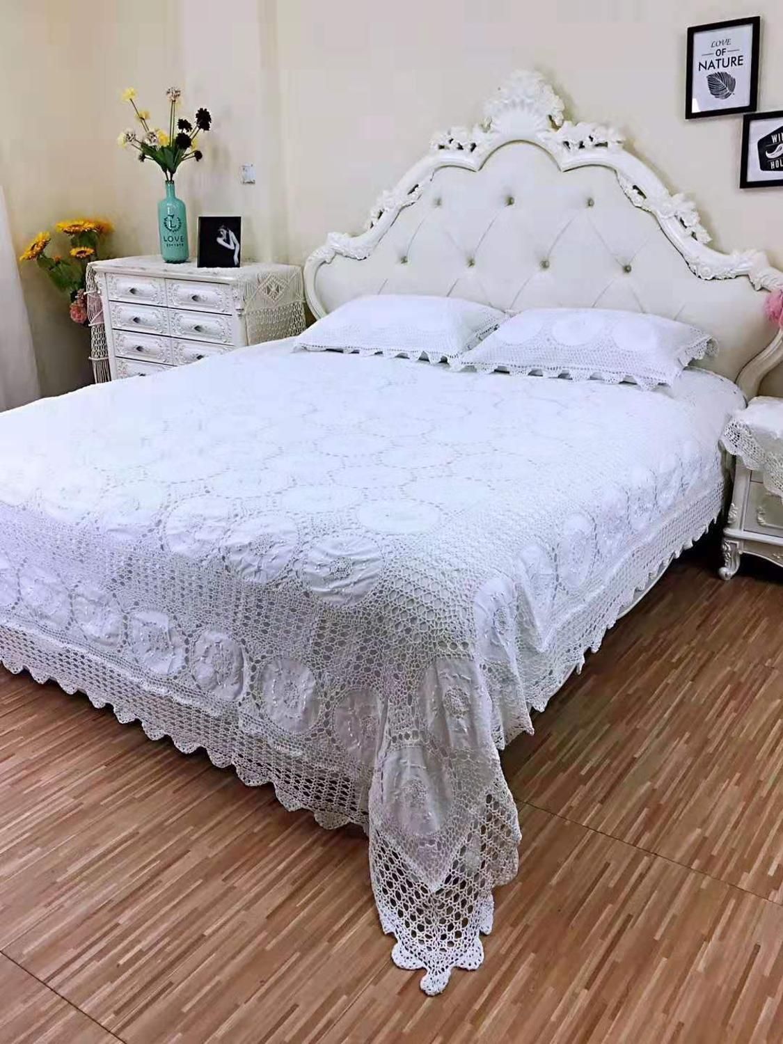 White Handmade Crochet Bed Spread Set Luxury Cotton Bedding Sets Bed