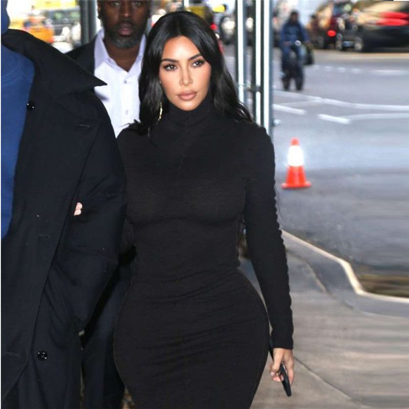 batalla Interacción acento Kim Kardashian para mujer vestidos bodycon Moda Negro de cuello alto flaco  Calle Larga manga larga