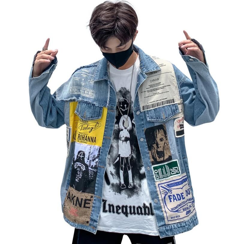 Hip Hop Denim Jacket Mens Fashion Print 