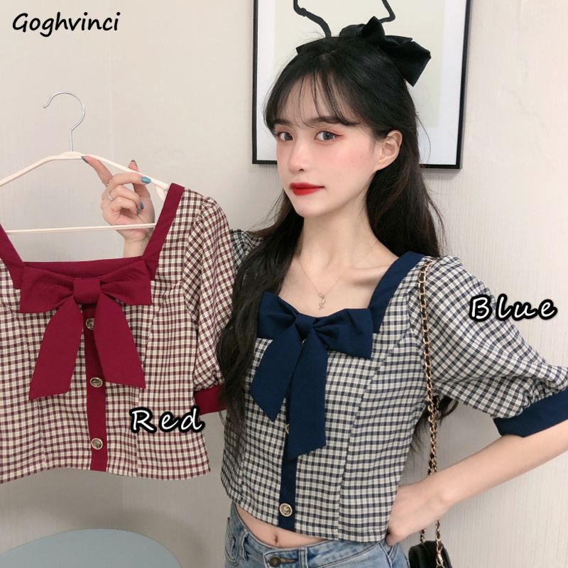 Blusas camisas cuadradas mujeres de cuello de cultivos arco superior del estilo coreano de la