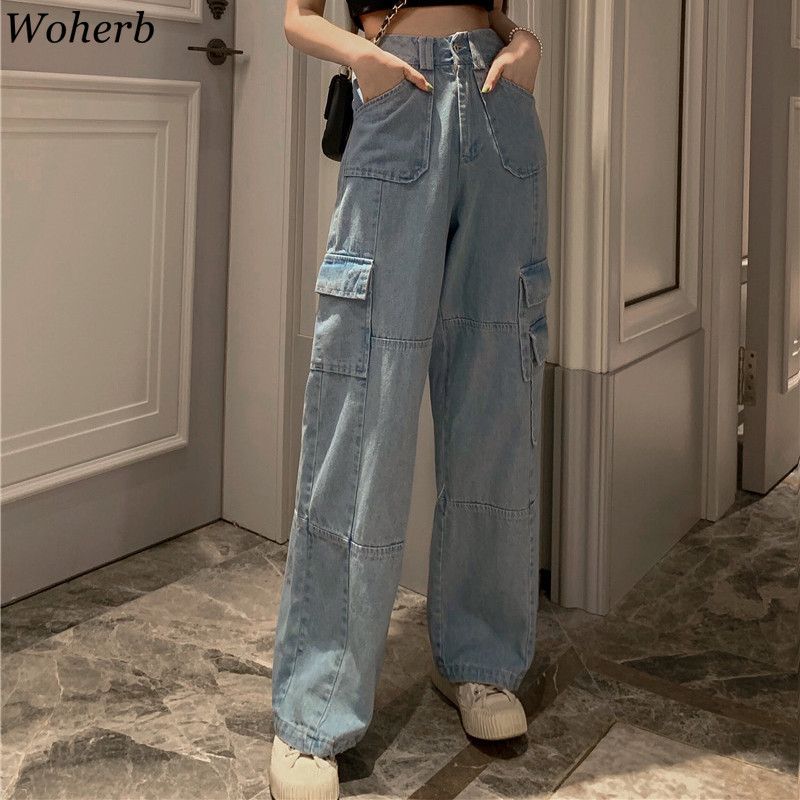 Compra Pantalones Vaqueros De Mujer Woherb Vintage Ancho Pierna De Pierna  De Cintura Alta Cintura Azul Casual Pantalones Largos Coreanos Bolsillos Pantalones  De Mezclilla 25636 Barato | Entrega Rápida Y Calidad | Es.Dhgate