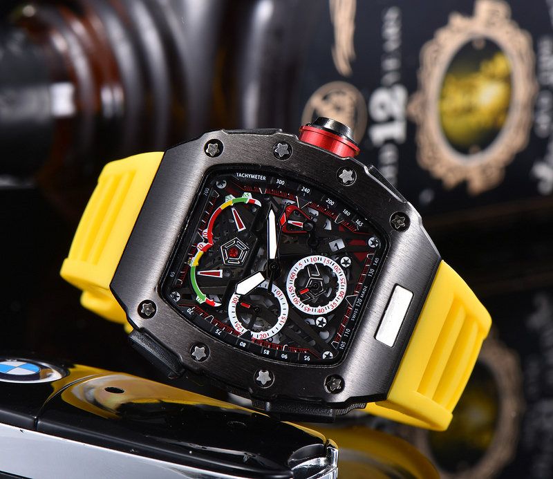 Yellow Strap Men Sport Watch Fashion Design All Dial Work Chrono Stainless Steel Quartz Movement