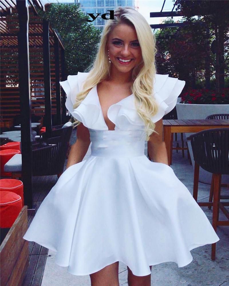 2020 cuello en profundo volantes Mini Cóctel vestidos blancos cortos Vestidos formales de