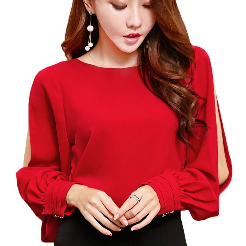 Señoras Elegantes Blusas Oficina Tapas De Las Mujeres La Linterna De La Manga Camisas Rojas